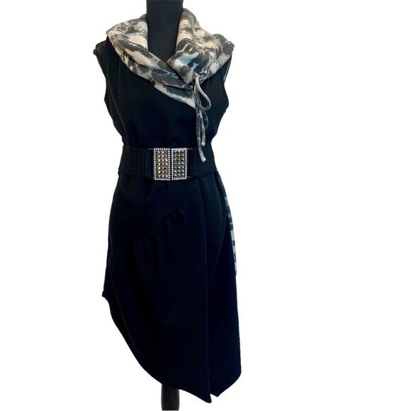 LAUREN Bagliore Black wrap dress coat gray high rolled collar sleeveless Sz S - Picture 1 of 14